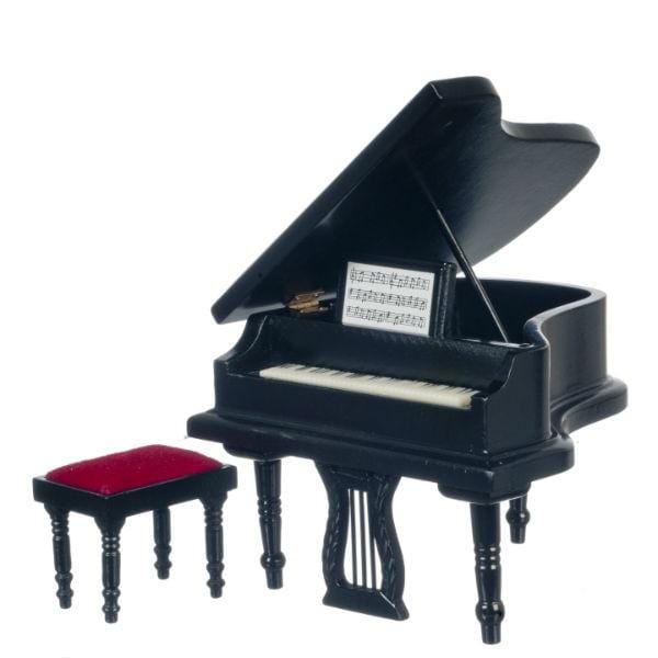 Black Dollhouse Miniature Grand Piano with Bench