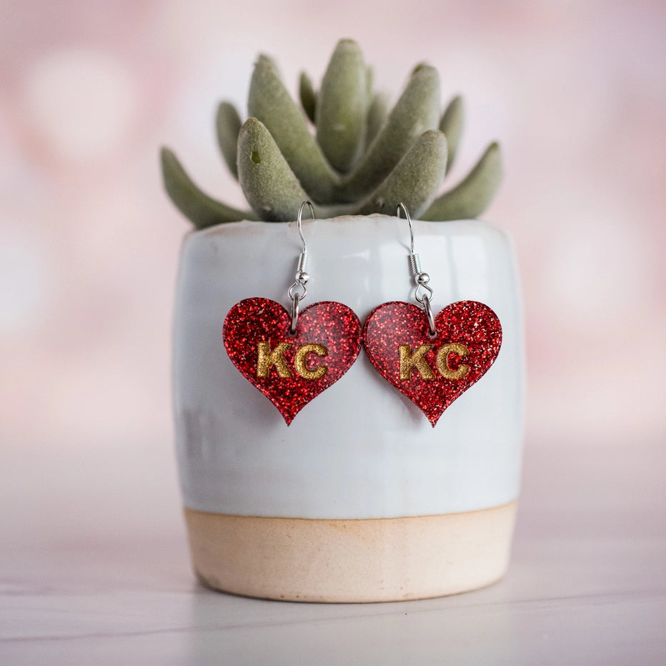 Kansas City KC Hand Painted Red Glitter Heart Dangle Earrings