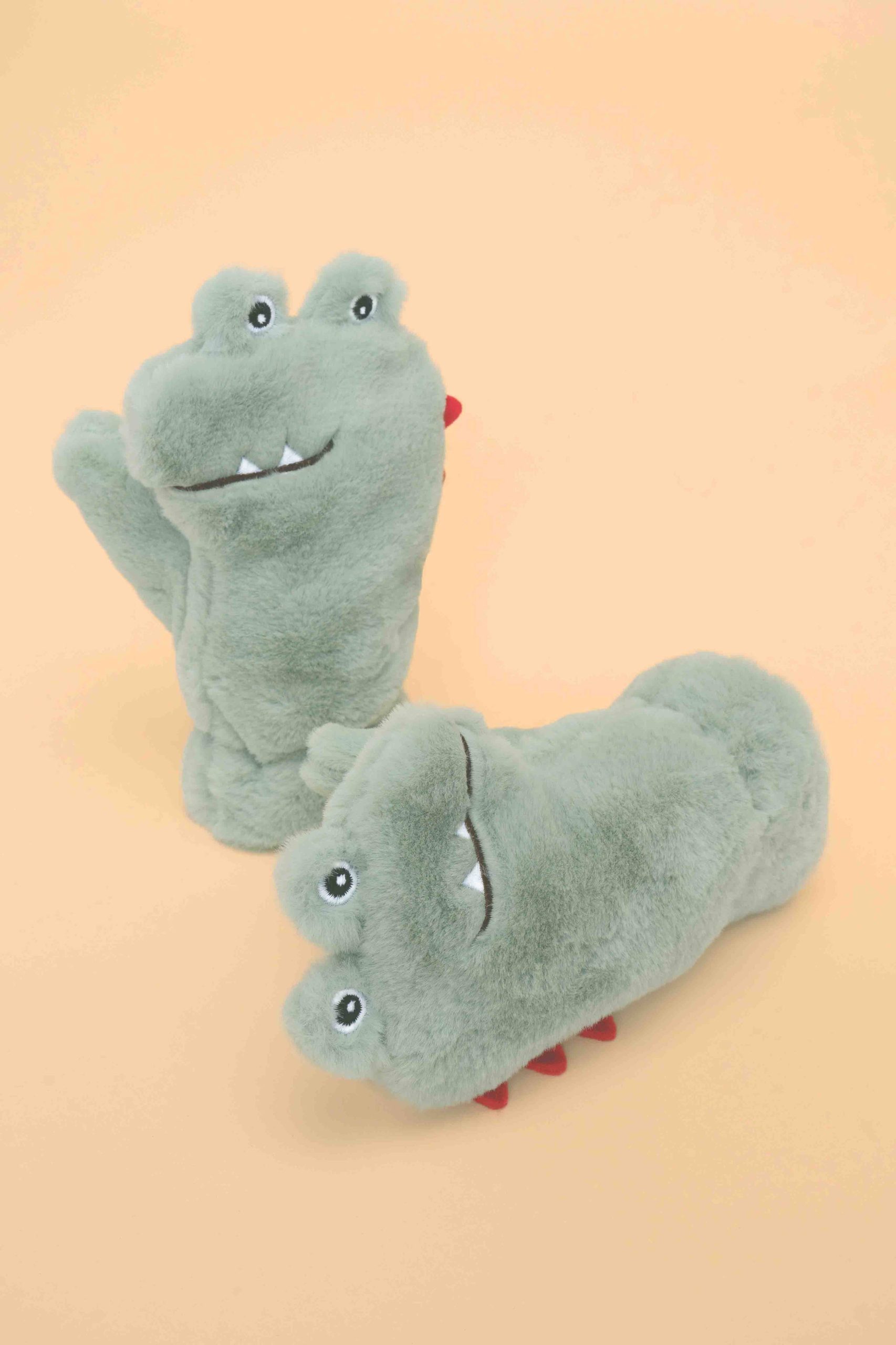 Kids Toothy Dino Fluffy Mittens - Sage