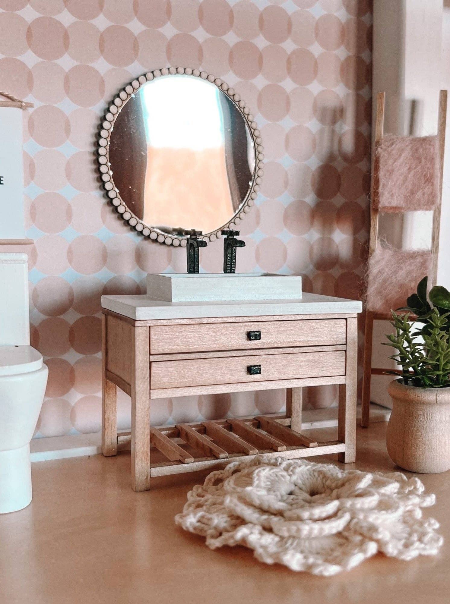 Dollhouse Round Beaded Mirror | Natural Wood