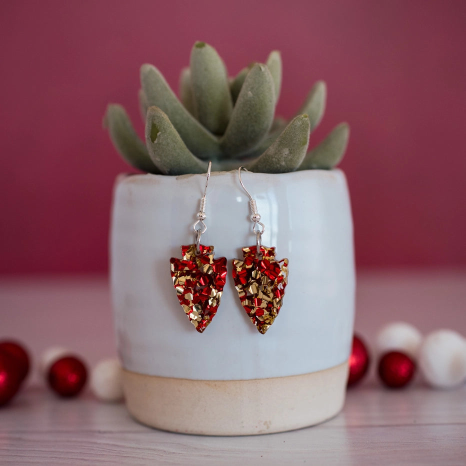 Petite Chunky Red and Gold Glitter Arrowhead Dangle Earrings