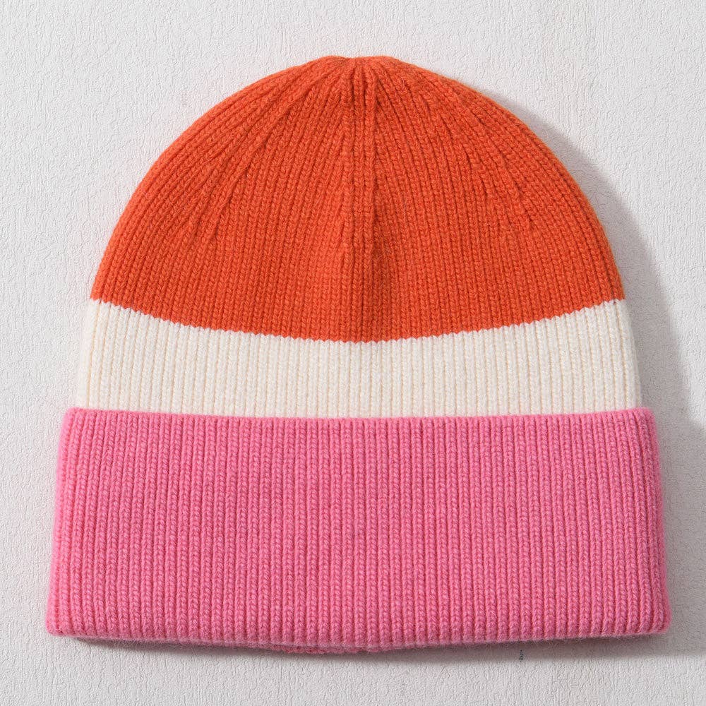 Luxe Cashmere Tri-tone Beanie: Orange & pink