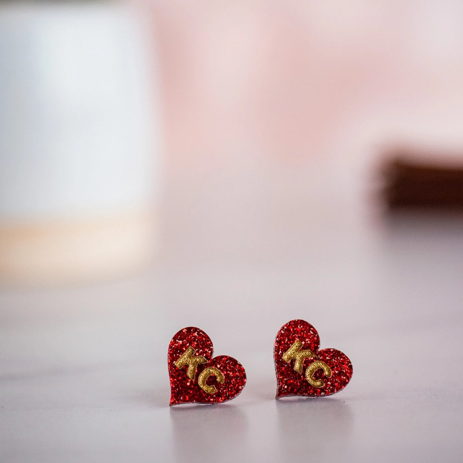 Kansas City KC Hand Painted Red Glitter Heart Stud Earrings