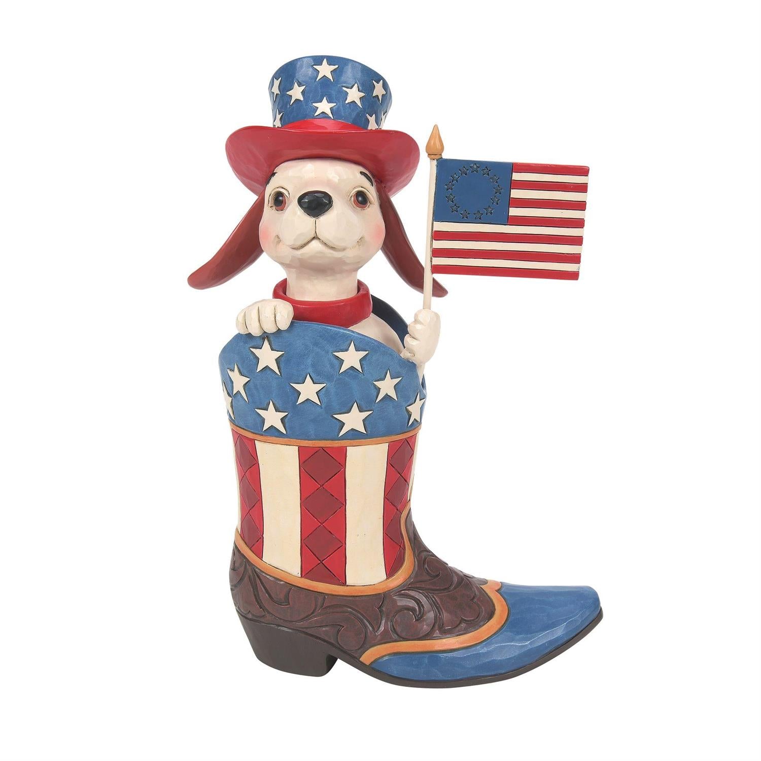 Boot with Dog Holding Flag Figure by Jim Shore