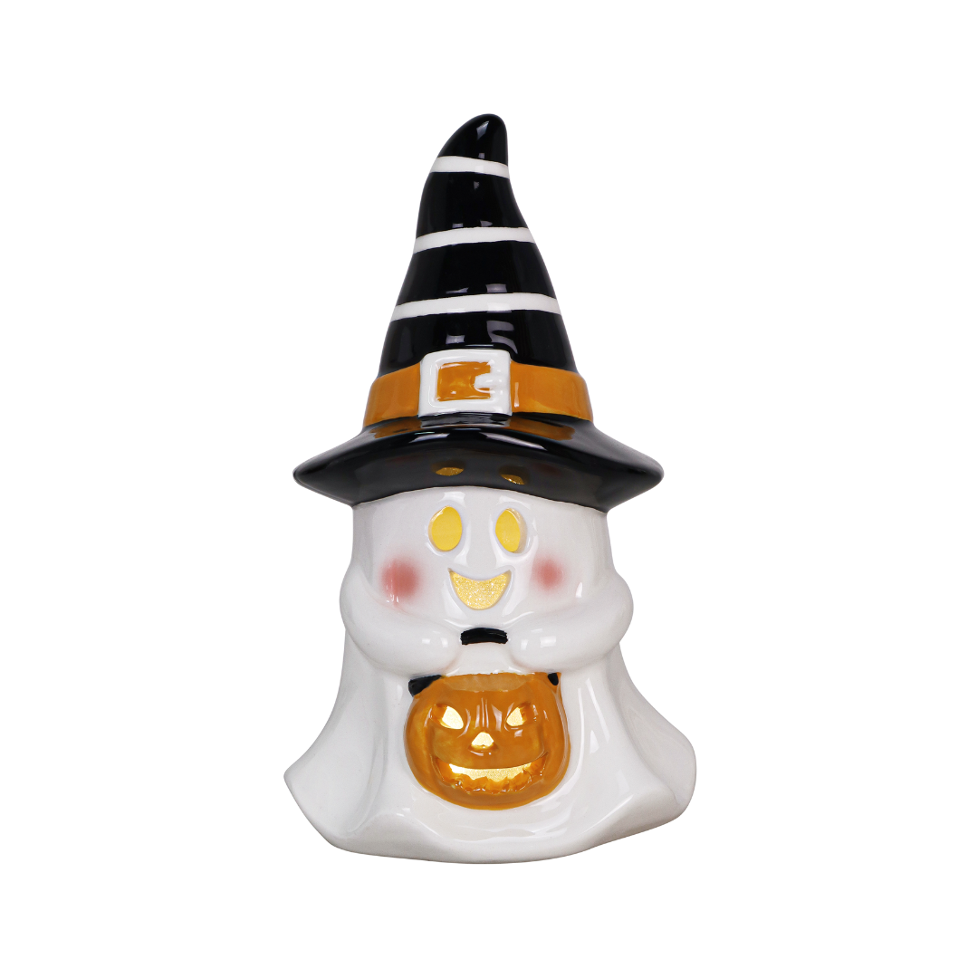 Trick or Treat LED Ceramic Ghost with Witch Hat