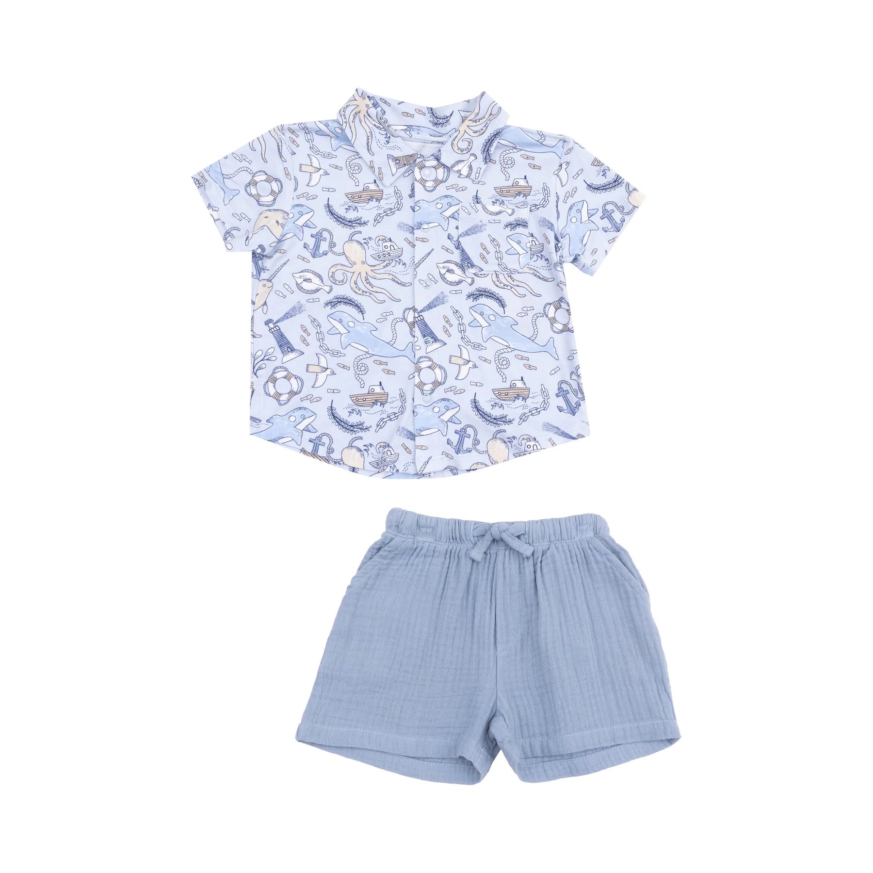 Angel Dear Nautical Notebook Button Down Bamboo Polo & Muslin Short Set