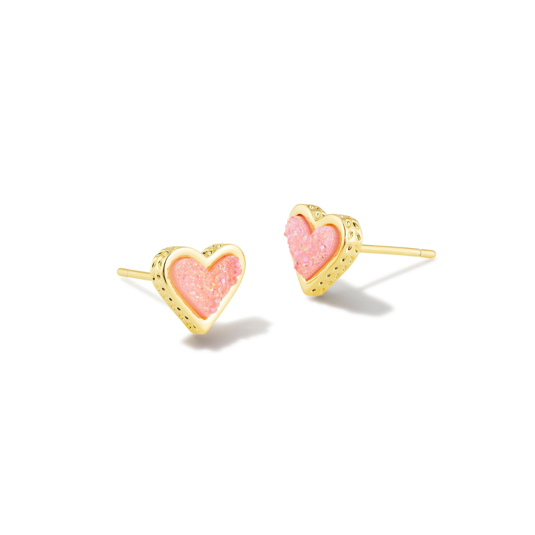 Kendra Scott Framed Ari Heart Gold Stud Earrings in Light Pink Drusy