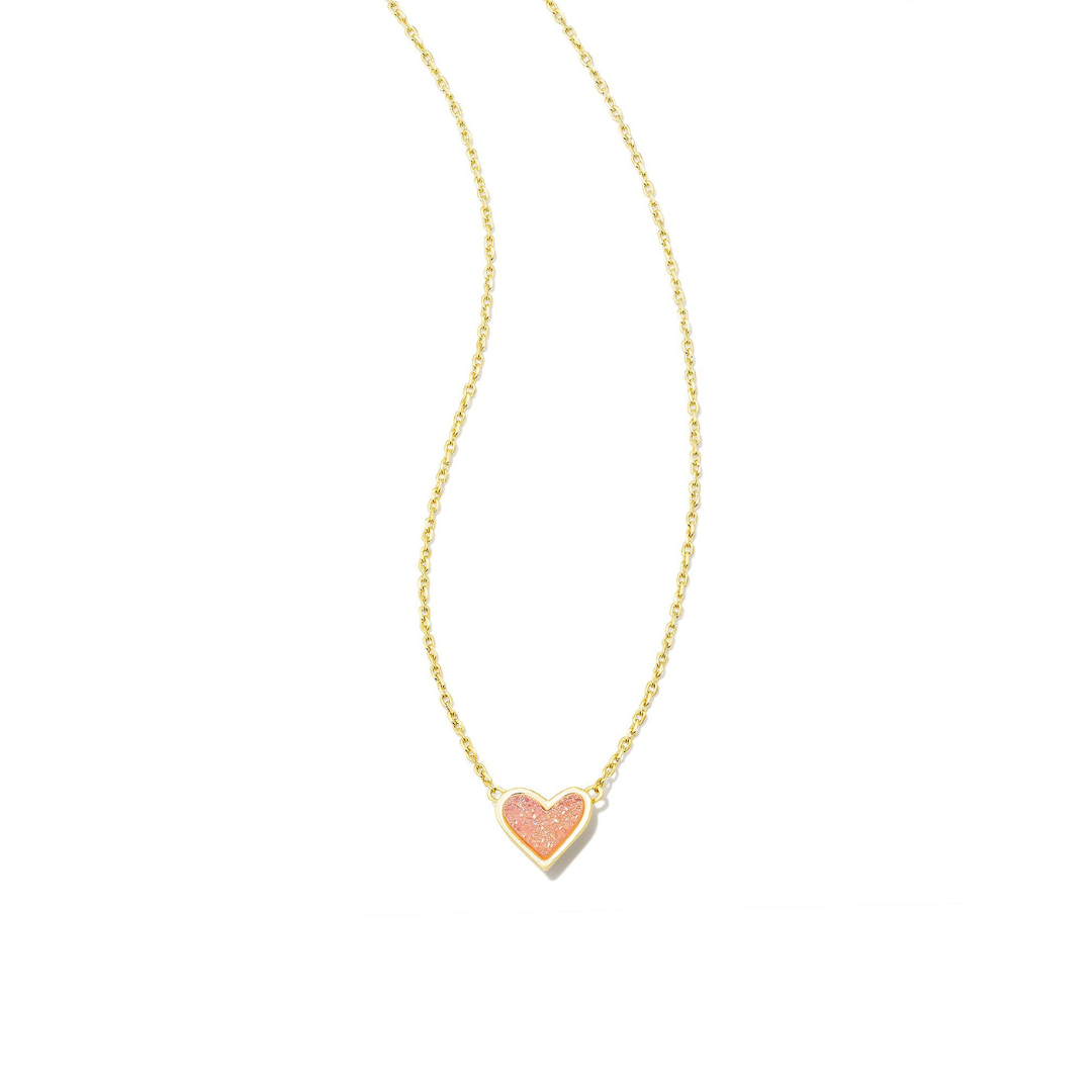 Kendra Scott Framed Ari Heart Gold Short Pendant Necklace in Light Pink Drusy