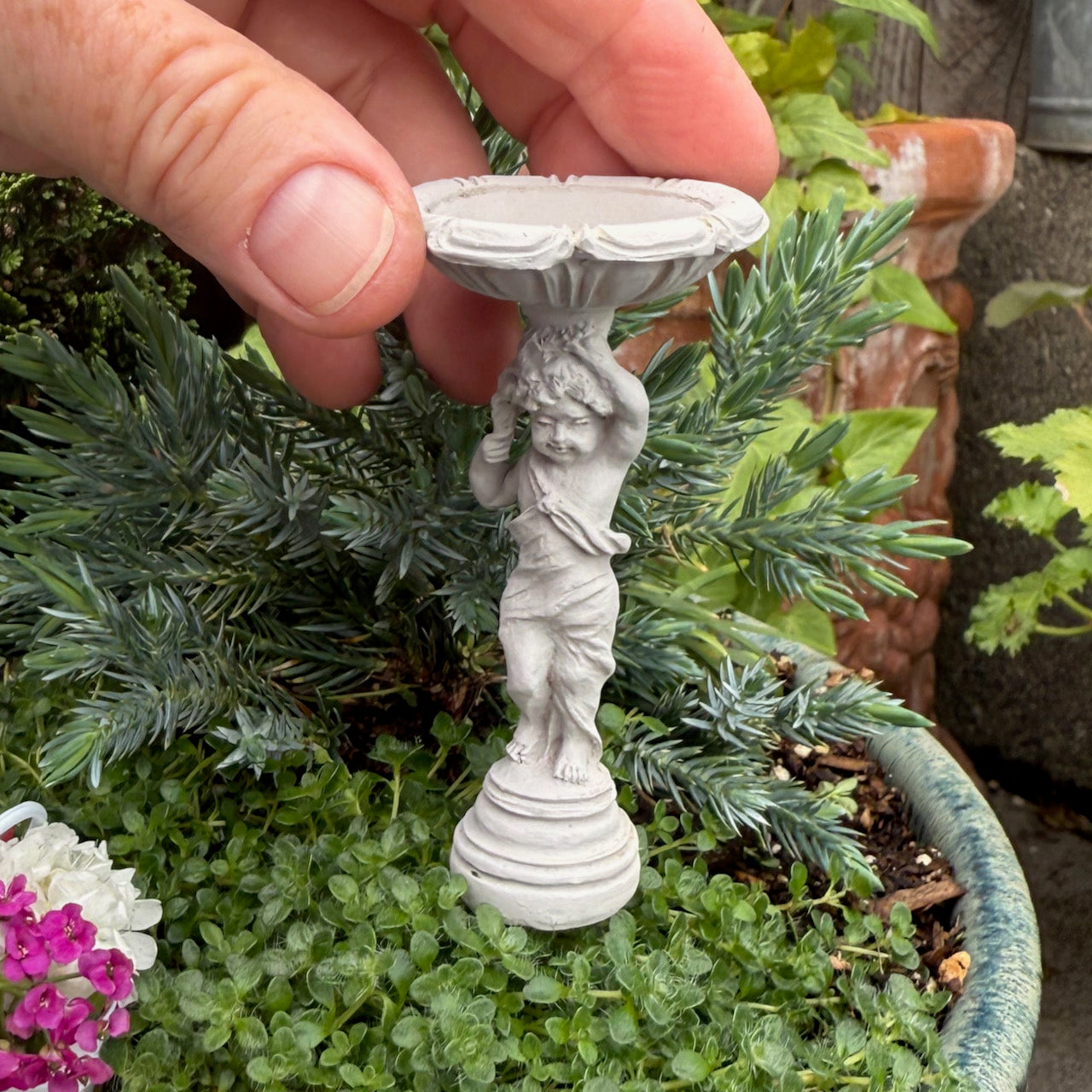 Miniature Boy Birdbath, Faux Stone, Staked