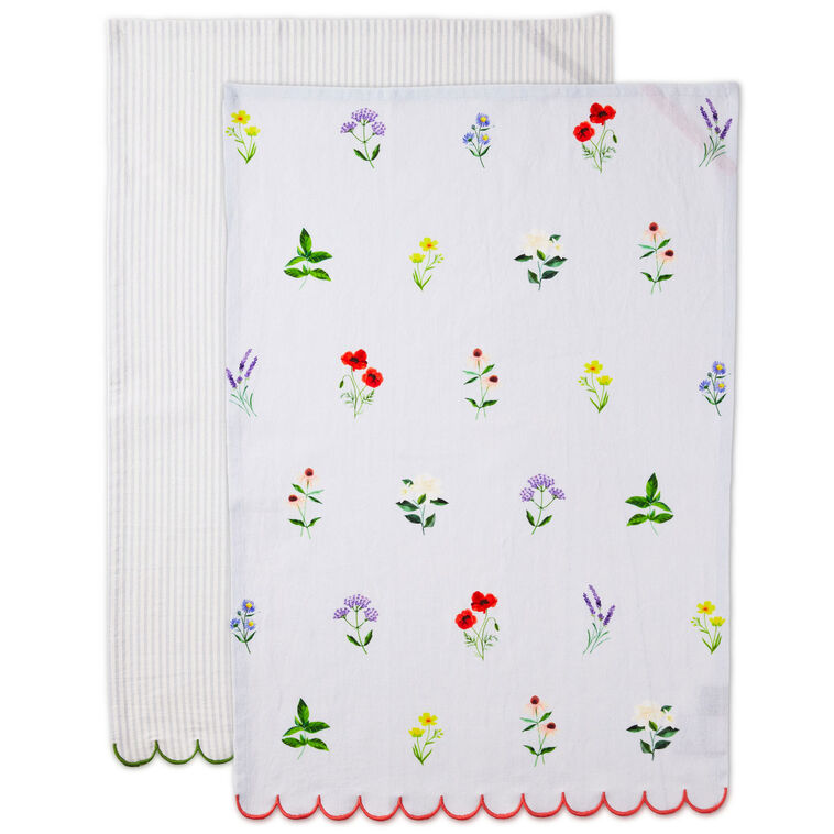 Floral and Stripe Scalloped Tea Towels, Set of 2