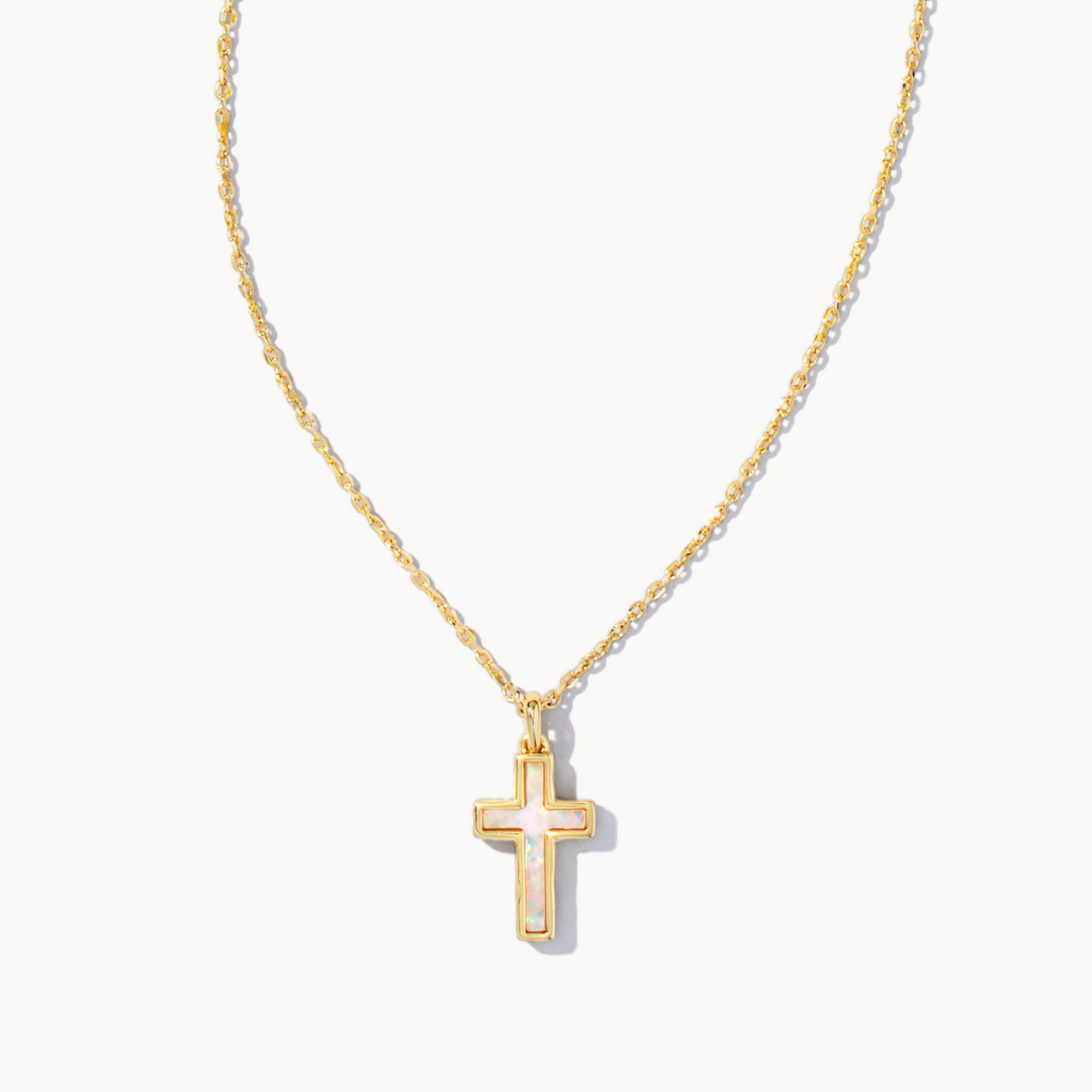 Kendra Scott Cross Pendant Necklace in White Kyocera Opal