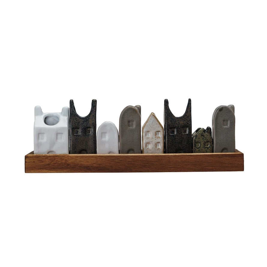 8 House Shaped Vases with Wooden Tray