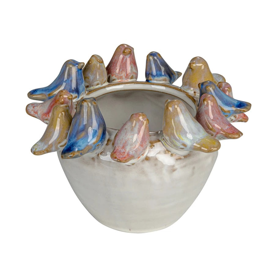 Stoneware Planter with Birds on the Rim