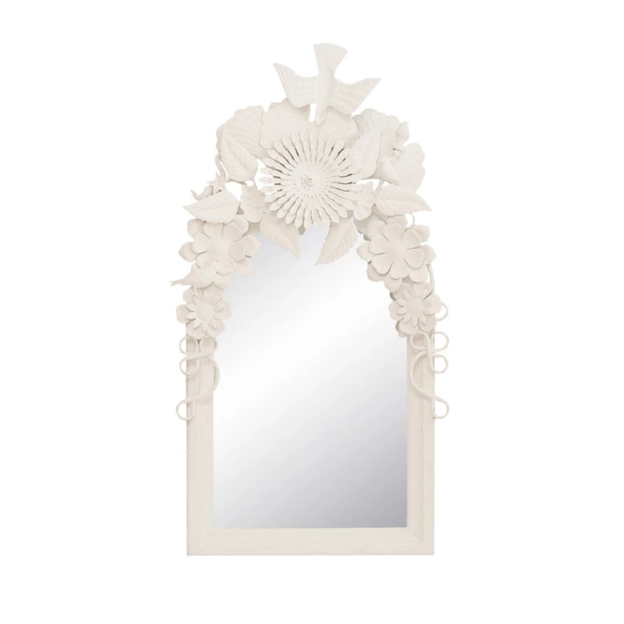 Wood Framed Wall Mirror with Embossed Metal Flowers & Birds