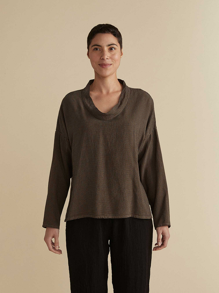 Mini Check 3/4 Sleeve Cowl Top | 50% Off