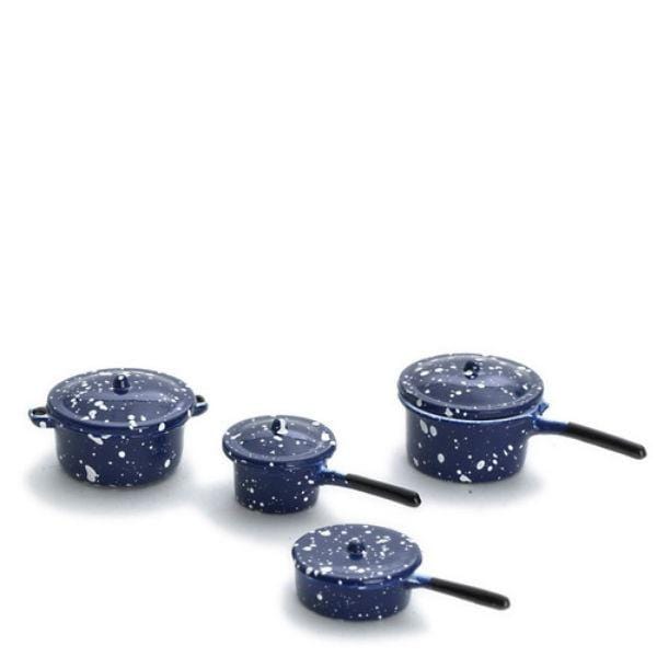 Blue Spatterware Dollhouse Miniature Pot Set