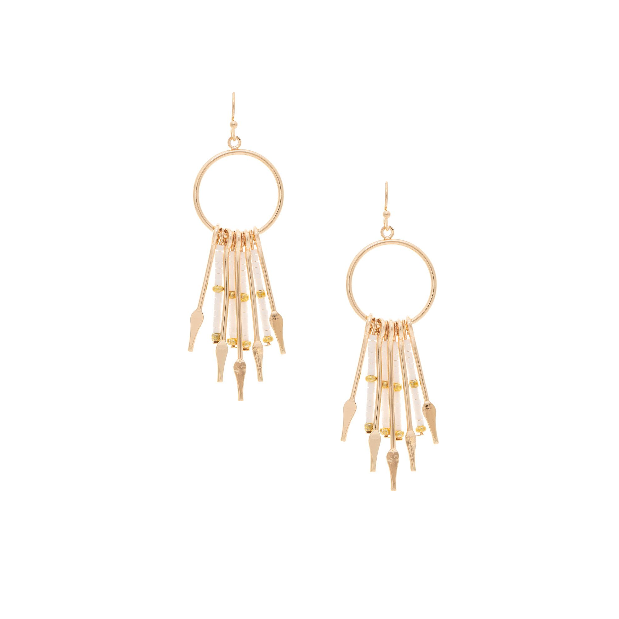 Gold & White Bead Fringed Circle Earring