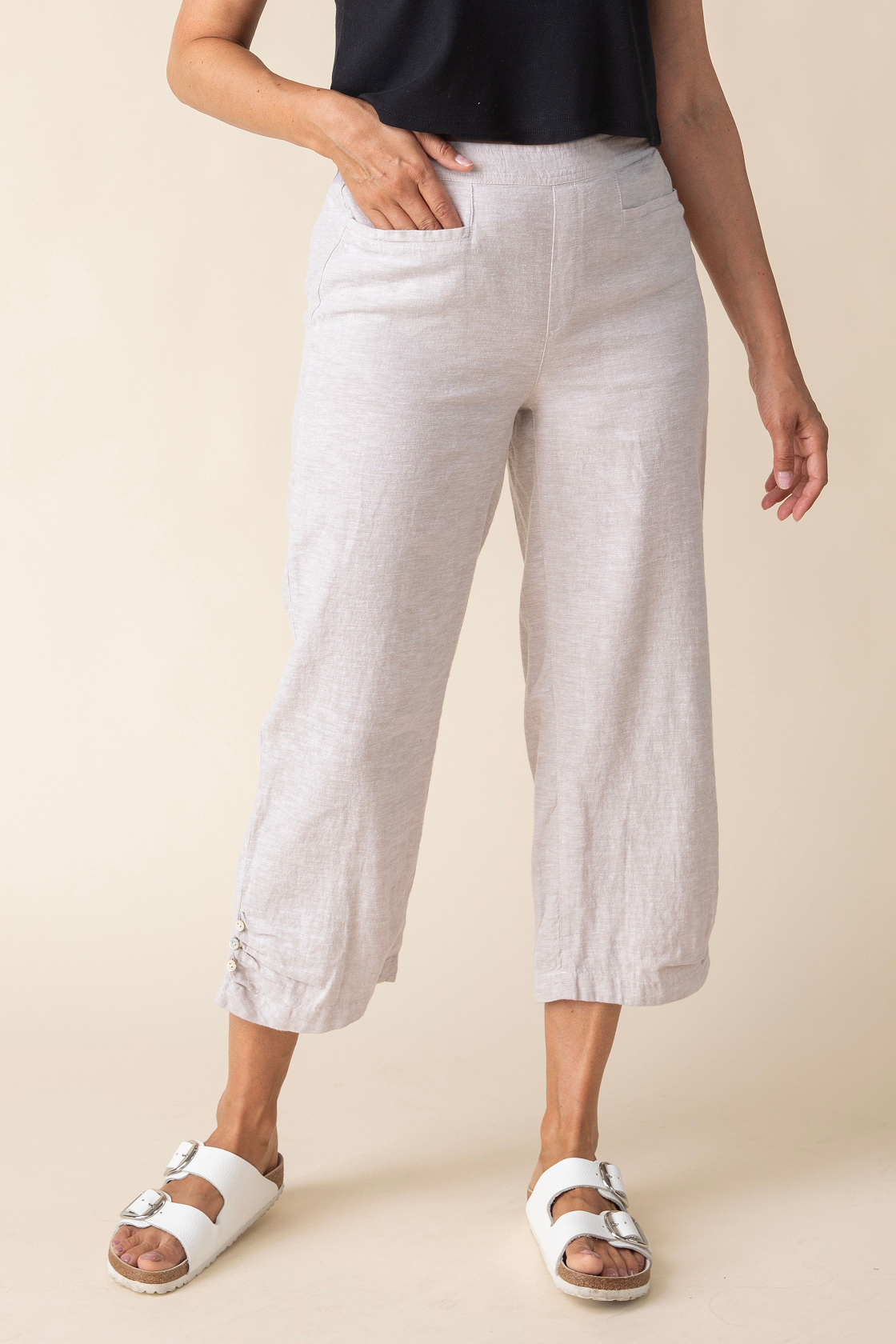 Pleat Button Linen Capri | 50% Off