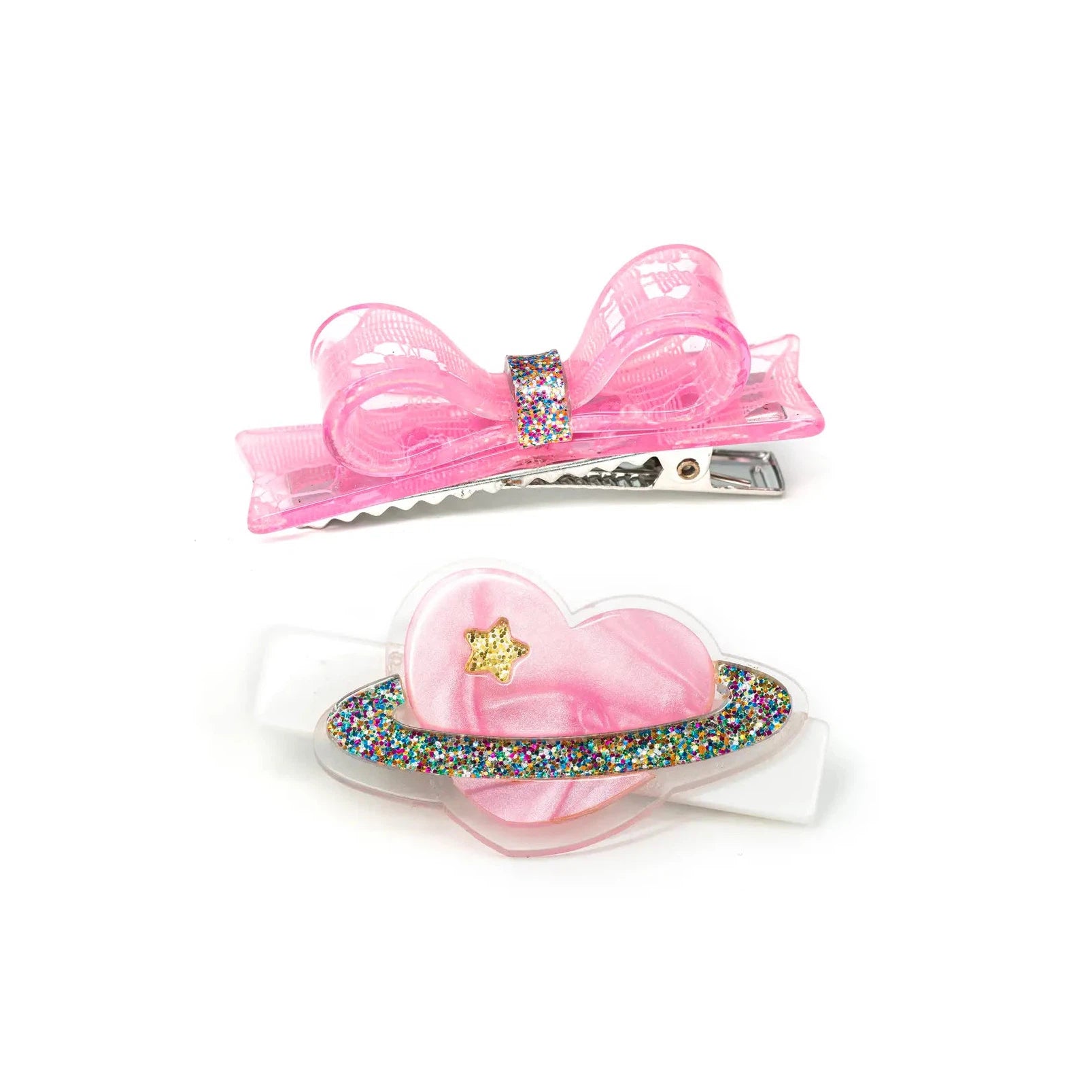 Heart Planet & Pearlized Bow Aligator Hair Clips