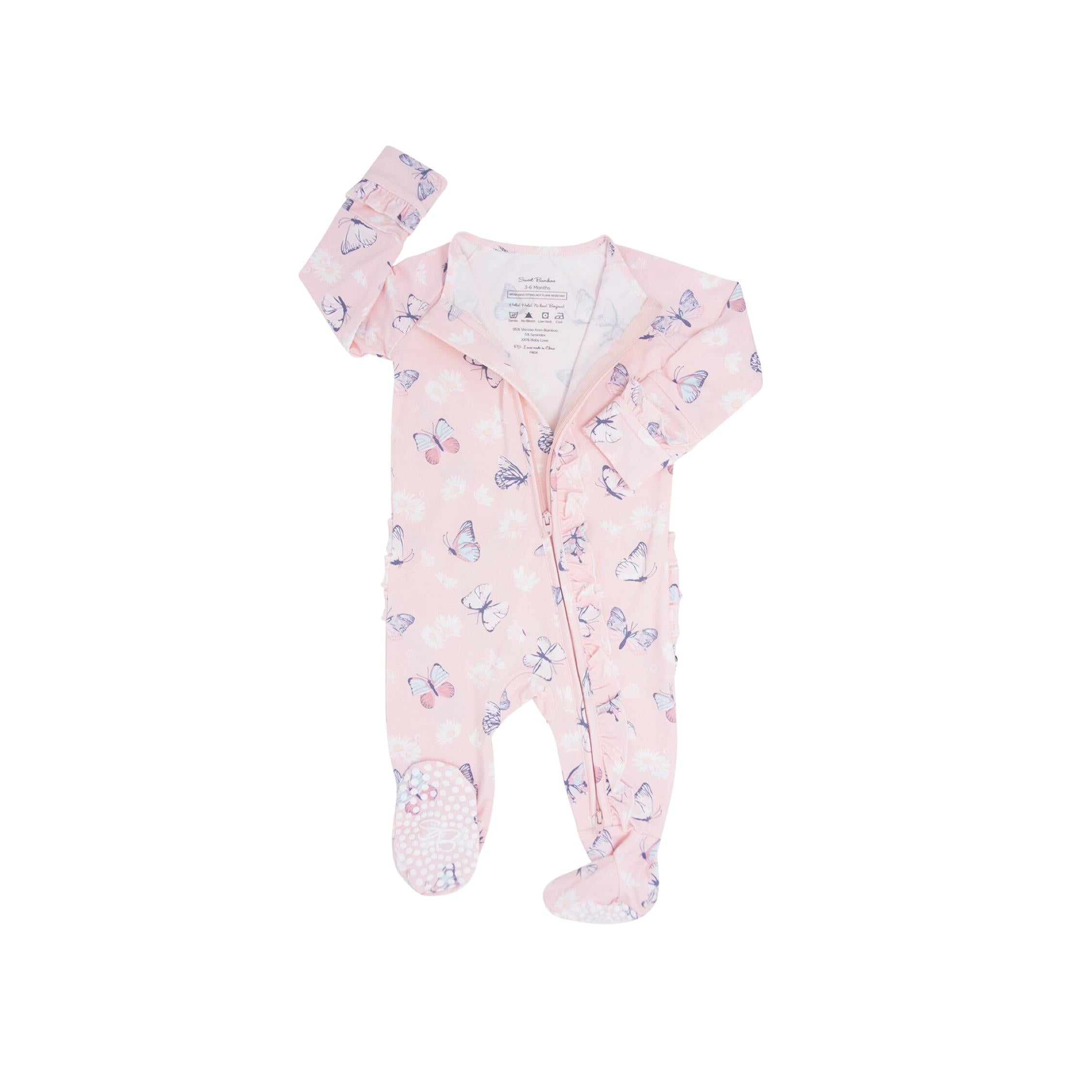 Butterfly Daisy Pink 2-Way Zipper Ruffle Footie