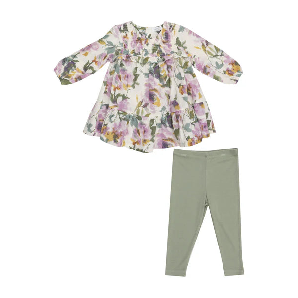 Angel Dear Watercolor Rose Smocked Ruffle Dress w/Ribbed Leggings