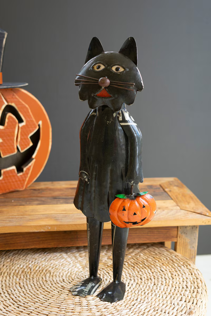 Recycled Iron Halloween Cat with Pumpkin