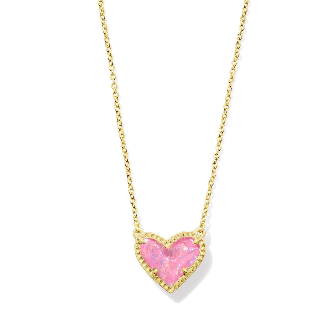 Kendra Scott Ari Heart Gold Pendant Necklace in Pink Iridescent Glitter Glass