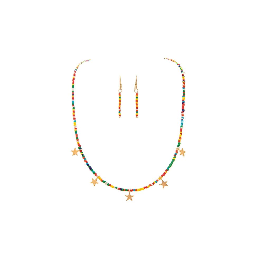 Gold Star Charm & Multi Seed Bead Necklace & Earrings Set