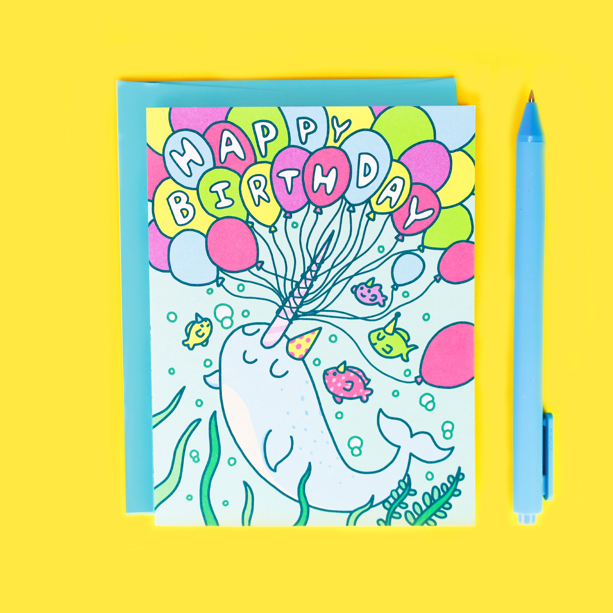 Happy Birthday Balloons Narwhal Card