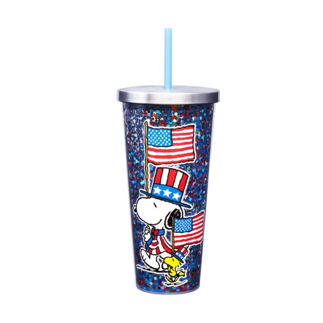 Peanuts Snoopy Americana Glitter Filled Acrylic Tumbler with Straw