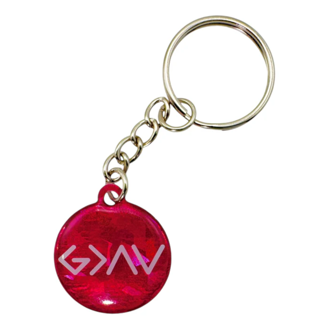 Pink Crystal God Is Greater Tap To Pray™ Prayer Tag Keychain