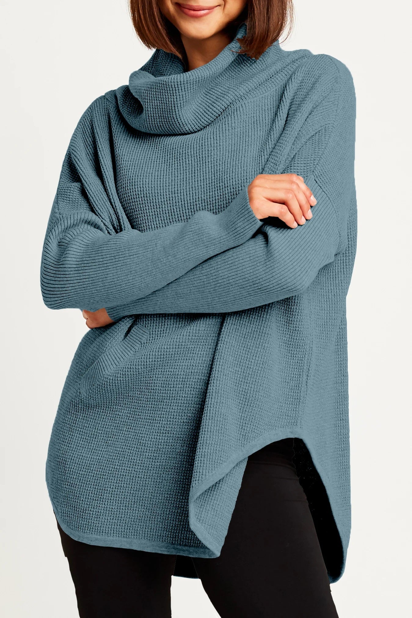 Pima Cotton Waffle Cowl Neck Sweater