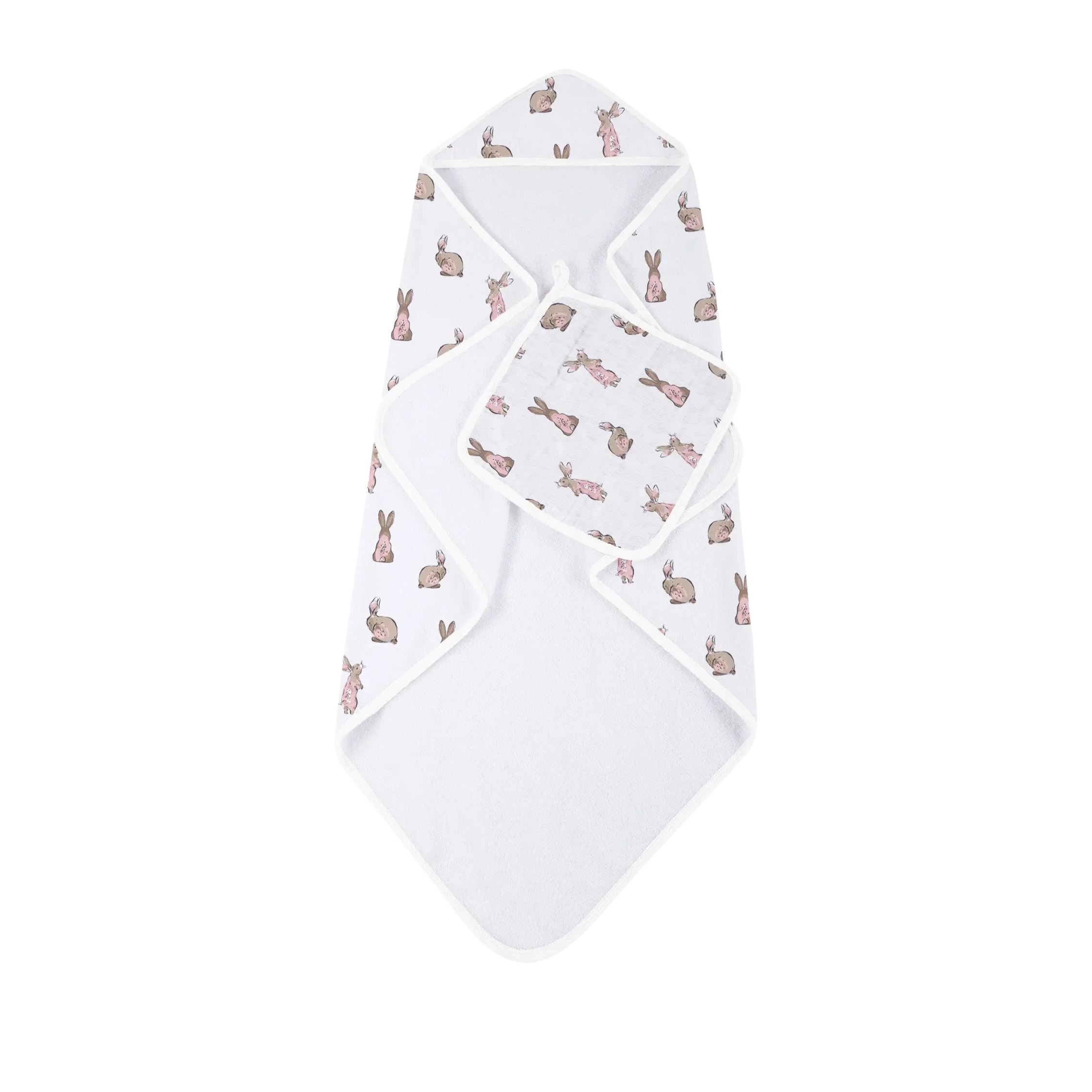 Powder Pink Bunnies Hooded Towel and Washcloth Set