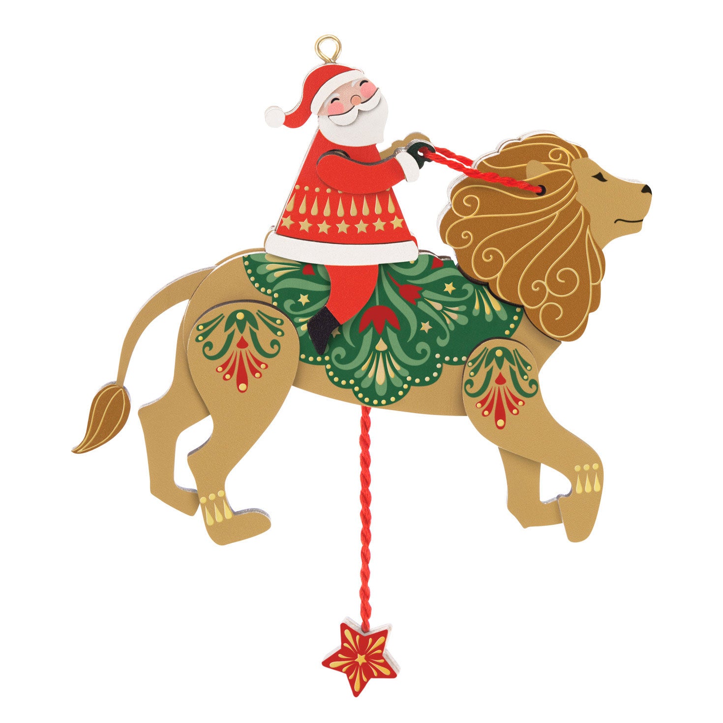 Pull-String Lion With Santa Wood 2025 Ornament