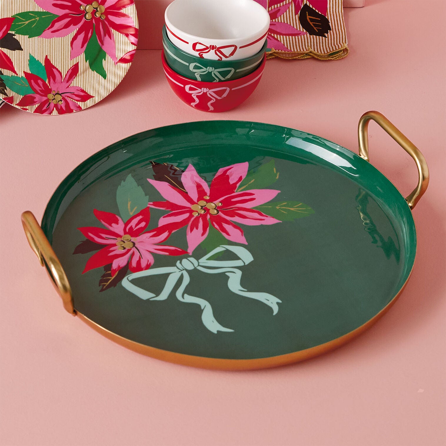 Lacey Chabert Collection Poinsettias on Green Serving Tray