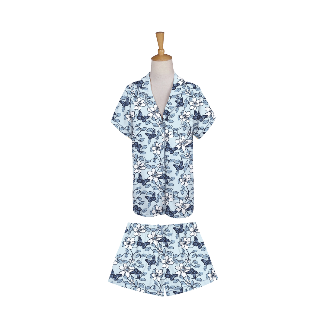 Blue Butterfly & White Daisy Short Sleeve Loungewear Set