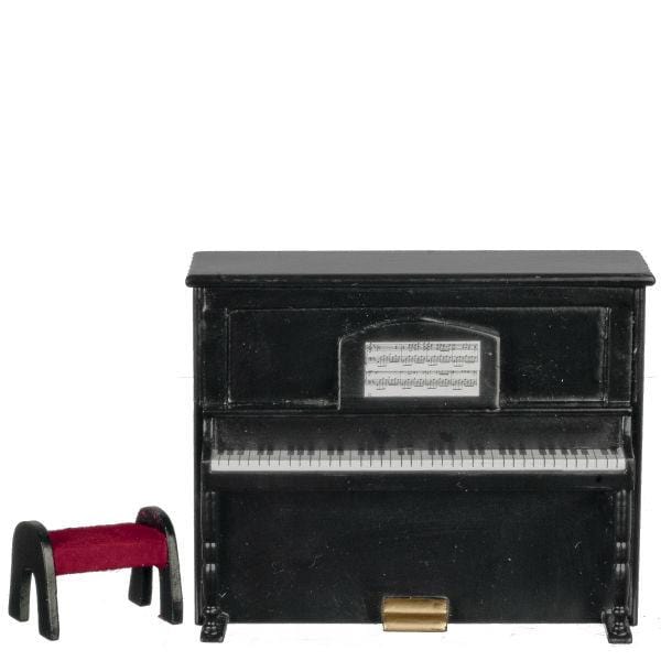 Black Dollhouse Miniature Upright Piano with Bench