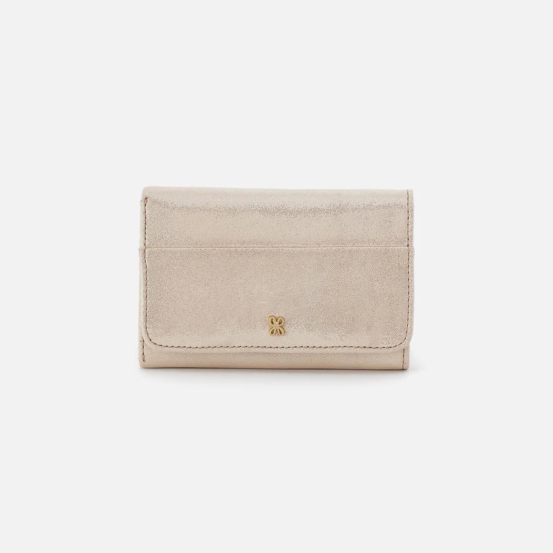 HOBO Jill Trifold Wallet in Sand Shimmer Metallic Leather