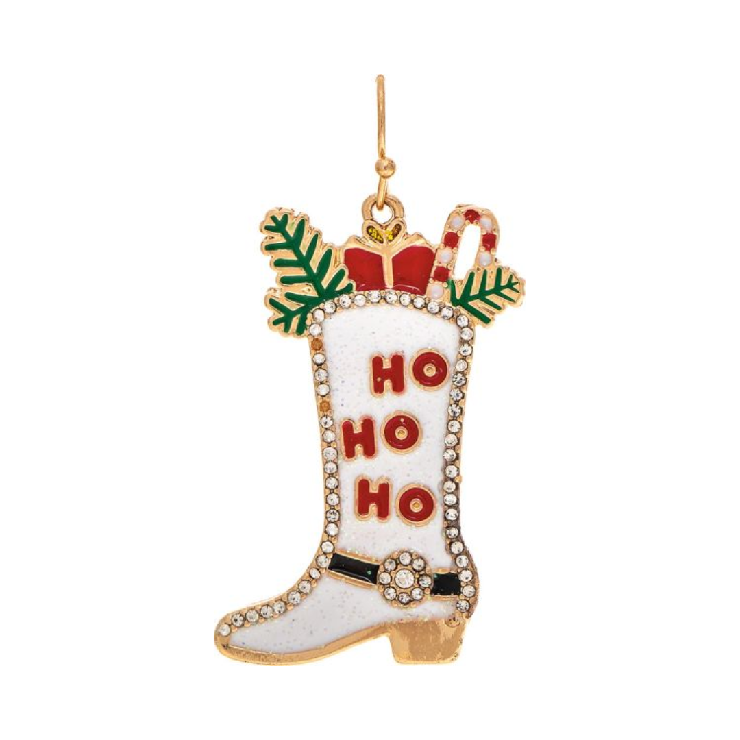 Gold White Glitter Cowboy Boot Stocking Earring