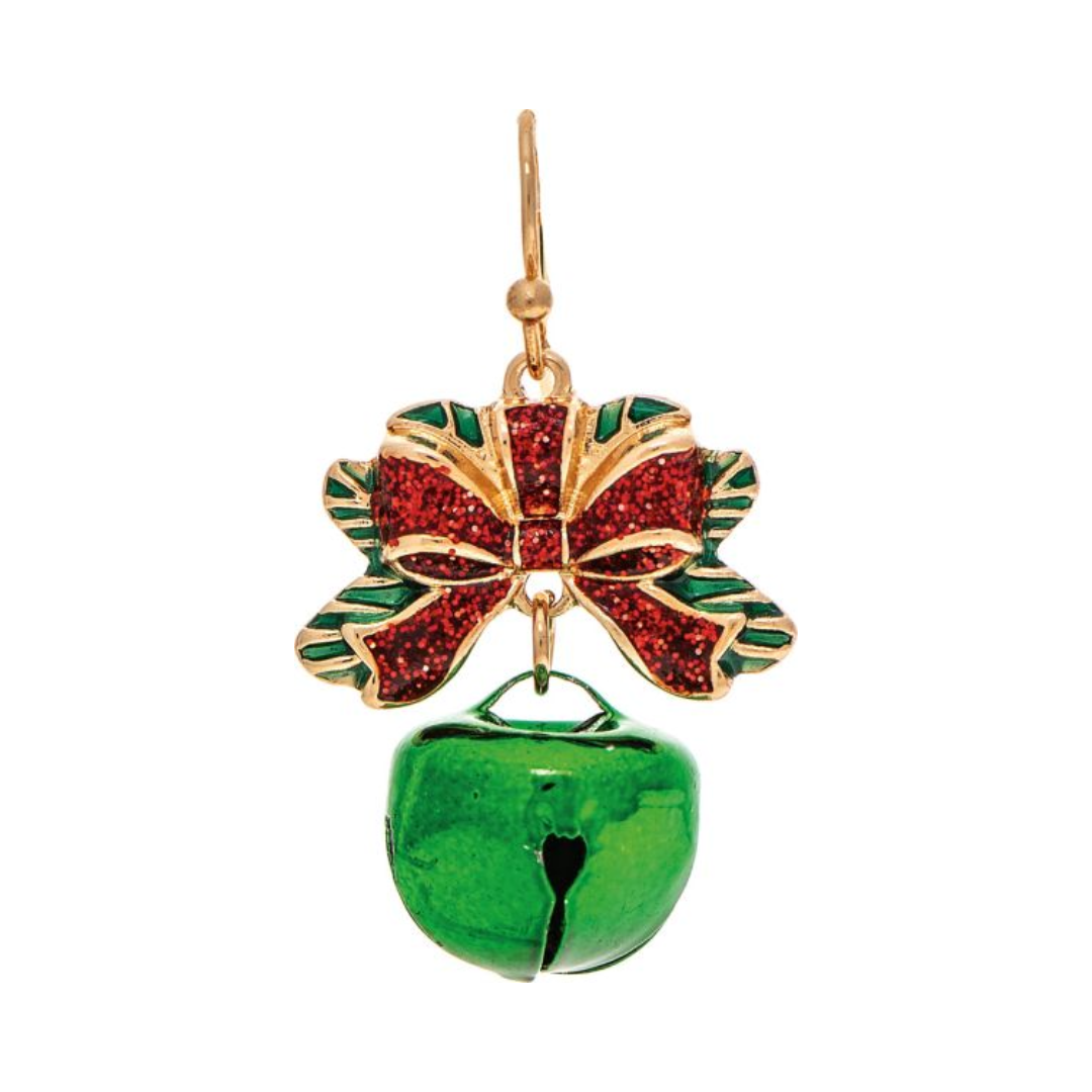 Gold Green Ribbon Top Jingle Bell Earring