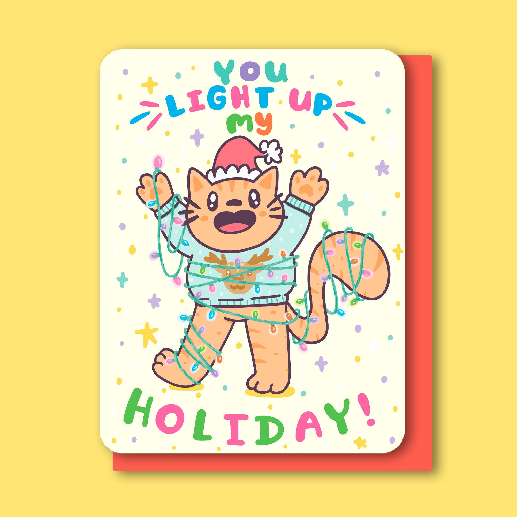 You Light Up My Holiday Christmas Lights Kitty Card