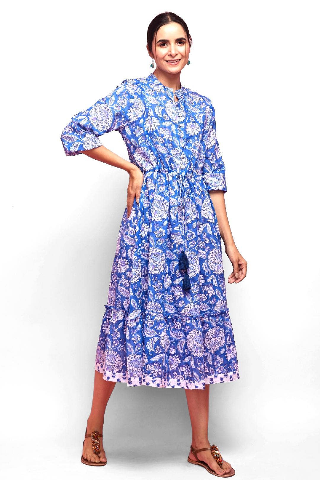 Hilia Midi Tiered Dress, Blue Floral Block-print: Medium