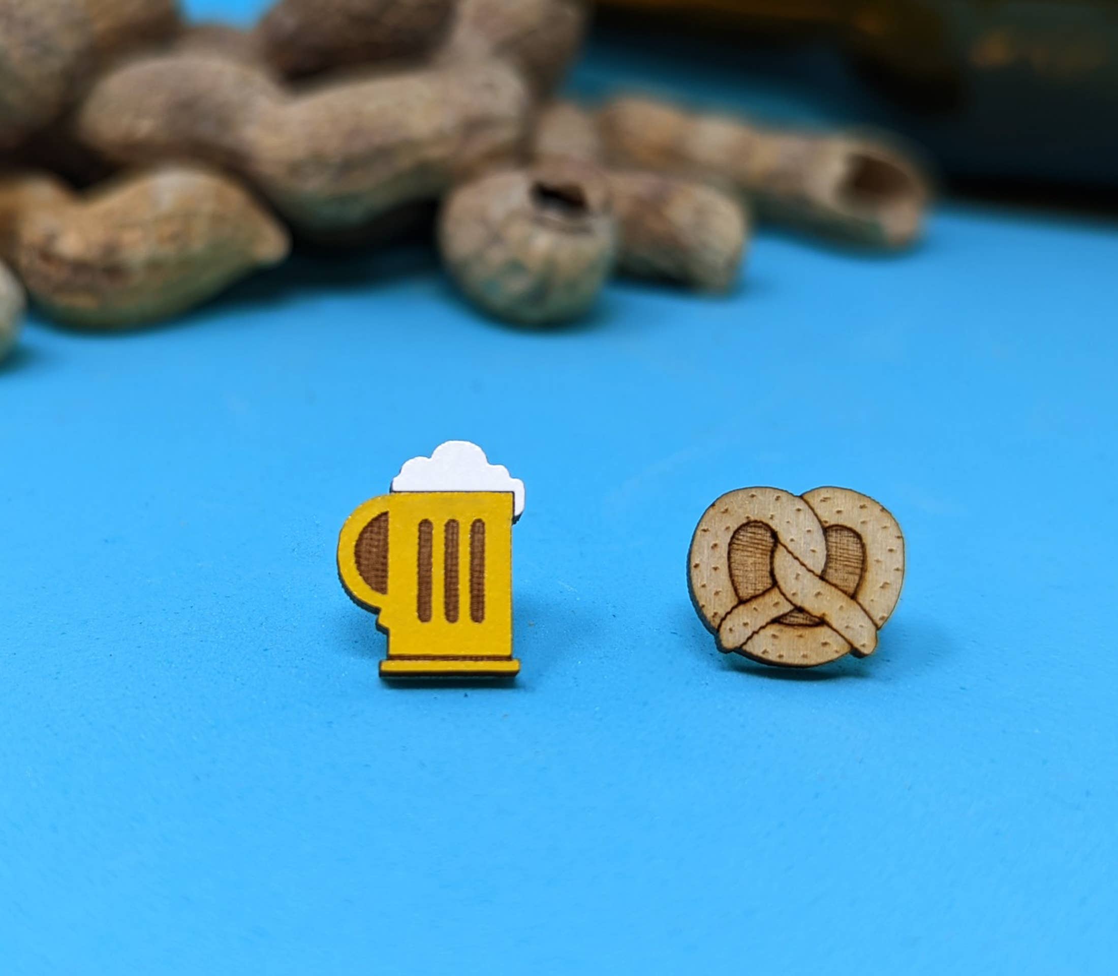 Beer  Pretzel Stud Wood Earrings