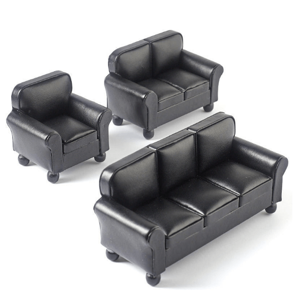 3-Piece Black Leather Dollhouse Miniature Living Room Set