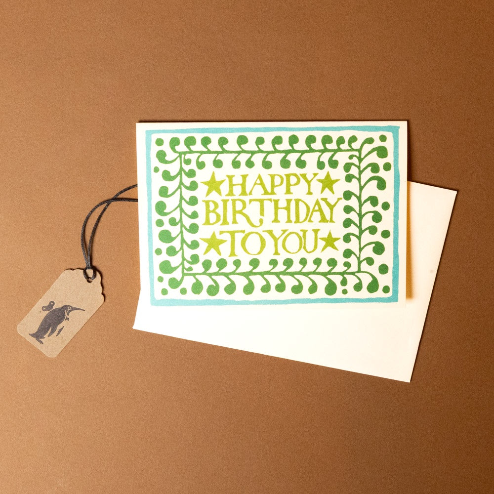 Block Print Birthday Greeting Card | Green Stars