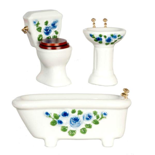 3-Piece Dollhouse Miniature Blue Floral Bathroom Set
