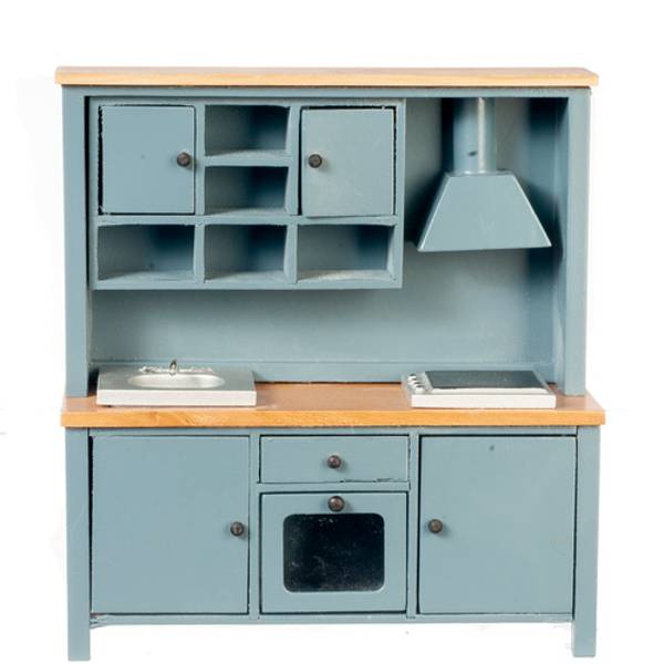 Blue & Oak Dollhouse Miniature Kitchen Stove, Sink & Cabinets
