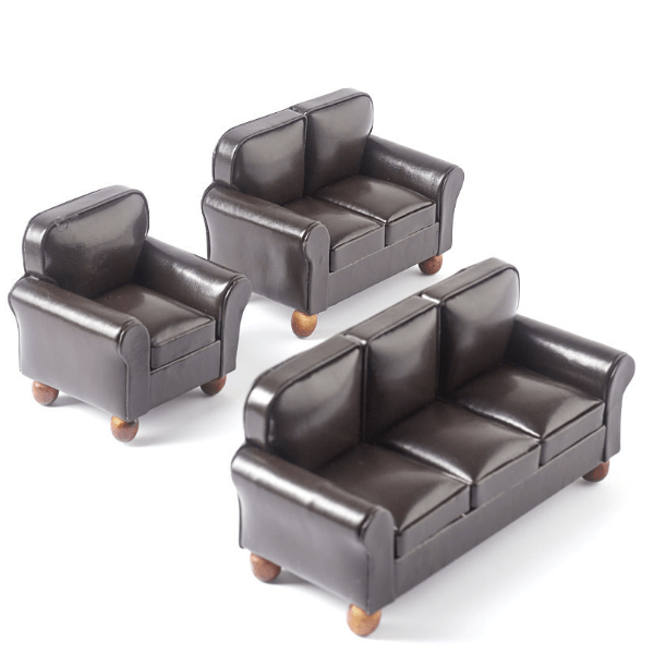 3-Piece Brown Leather Dollhouse Miniature Living Room Set