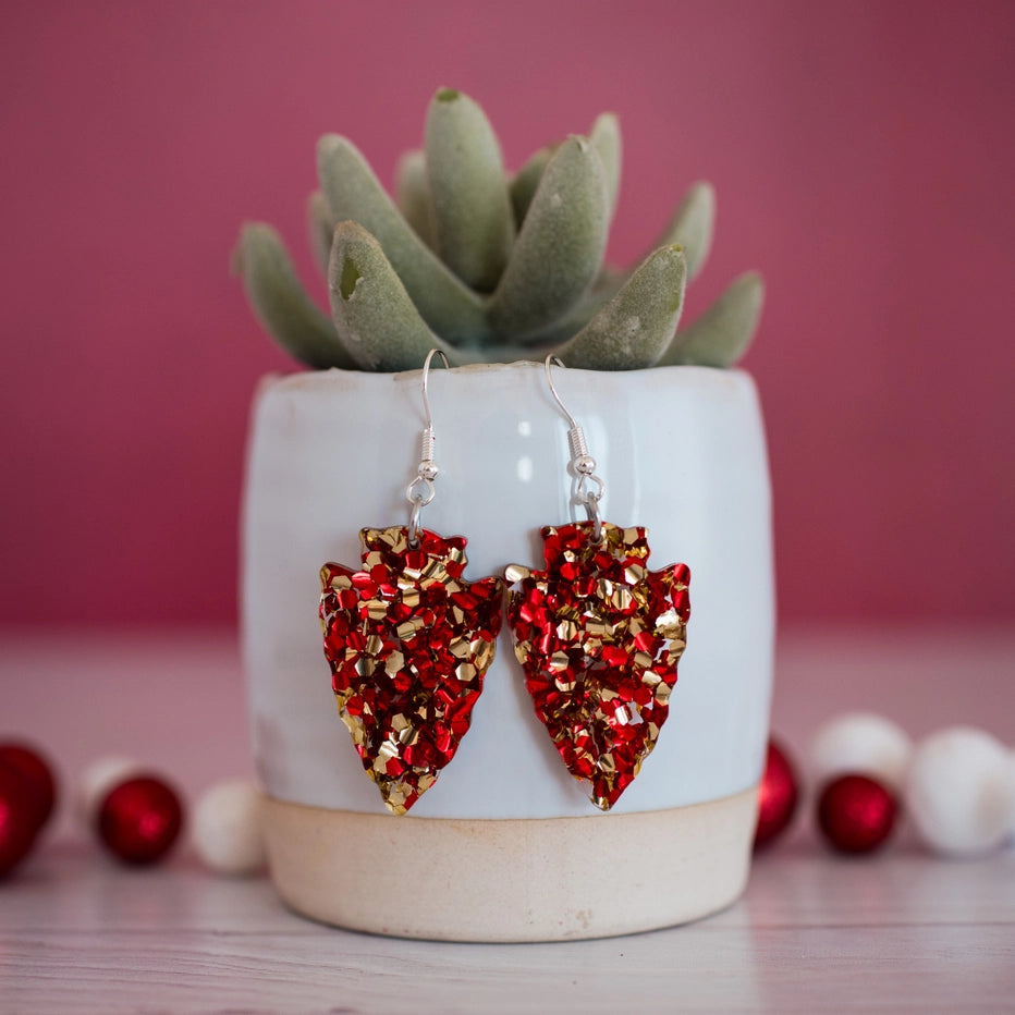 Medium Chunky Red and Gold Glitter Arrowhead Dangle Earrings