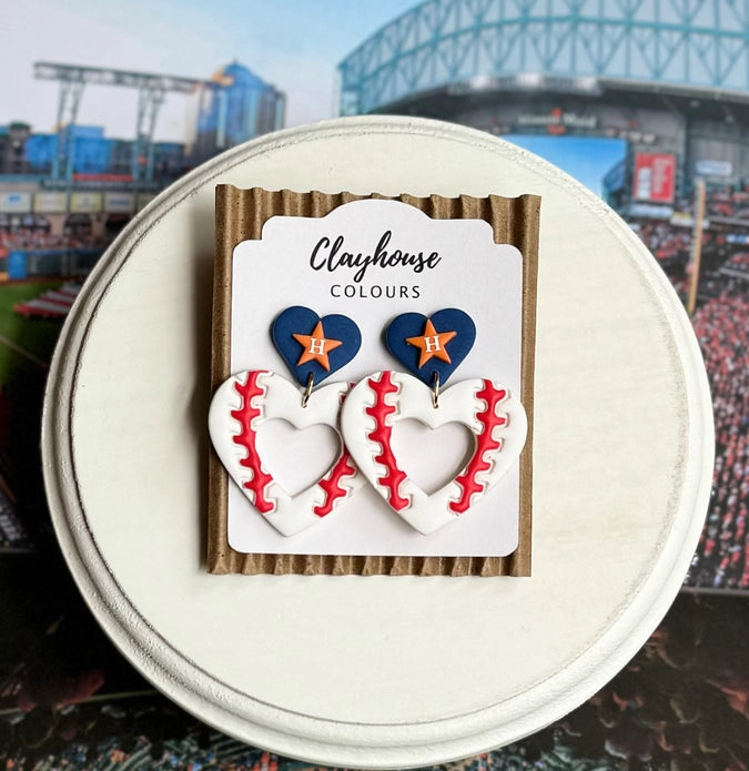 Astros Baseball Heart Polymer Clay Dangle Earrings